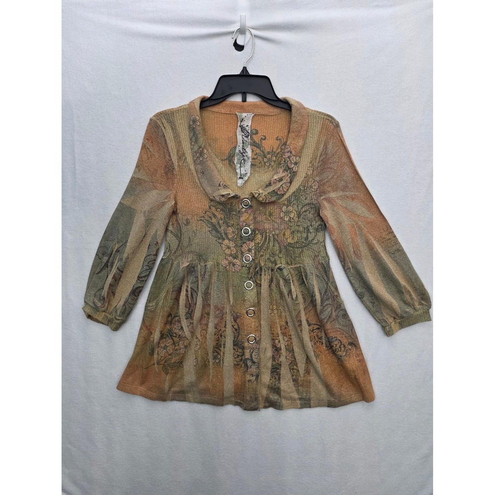 Code Vintage Babydoll Tunic Top S Orange Floral Metallic Ribbed Boho Y2K
